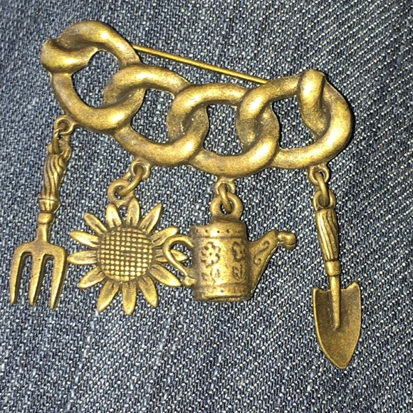 Jewelry - Gardner’s Brooch with charms - sun flower&  tools